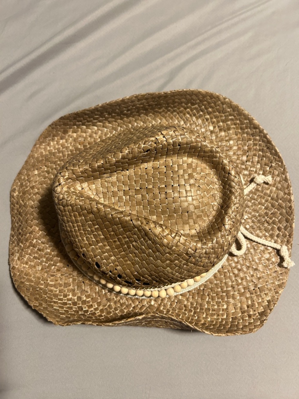 Woven Straw Fedora Hat with Bead & Chain Trim - Natural - Picture 3 of 7